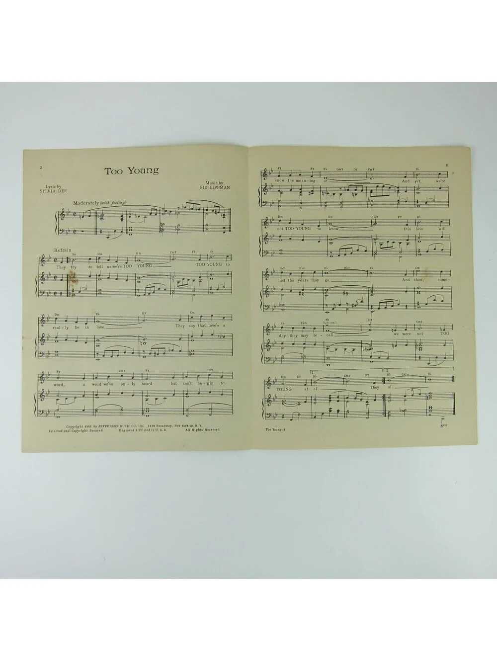 Sheet Music Too Young Nat King Cole Sylvia Dee Sid Lippman Vintage 1951